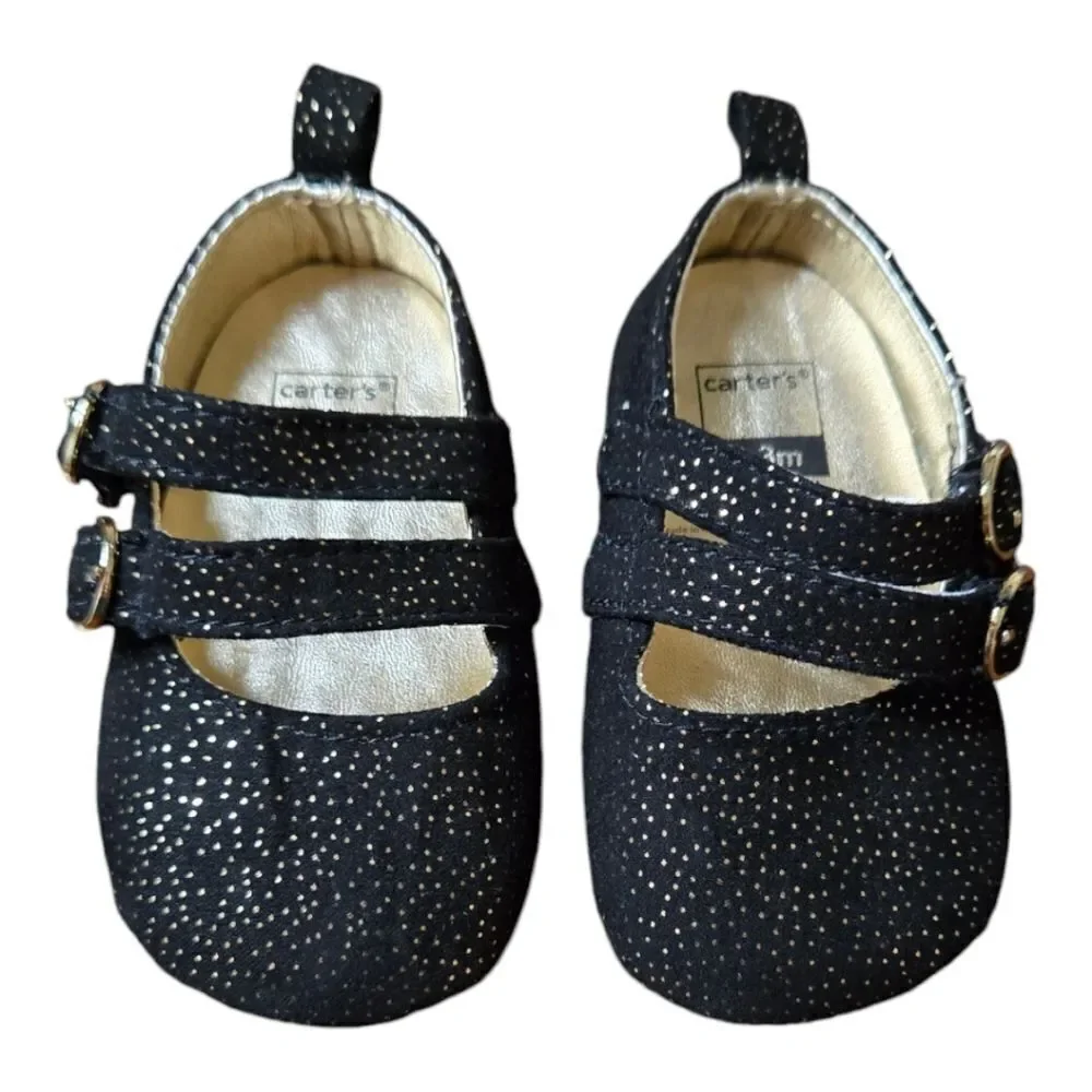 Carter's Glitter Mary Jane Crib Shoes Baby Girl 0-3M Newborn Black Formal Dressy